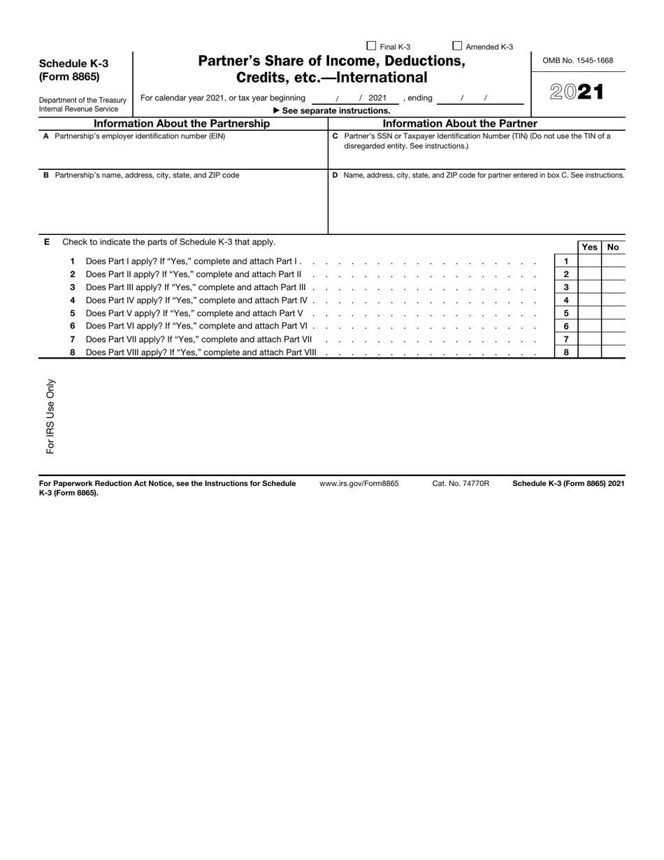 IRS Form 8865 Schedule K-3 Partners Share of Income, Deductions, Credits, Etc. - International, Page 1