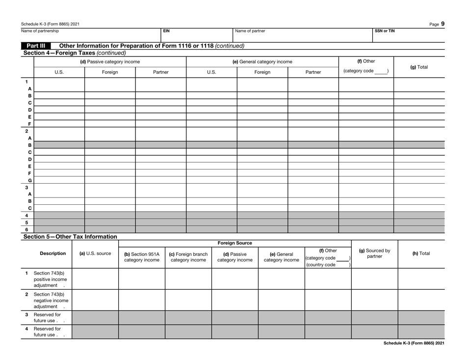 IRS Form 8865 Schedule K-3 Partners Share of Income, Deductions, Credits, Etc. - International, Page 9