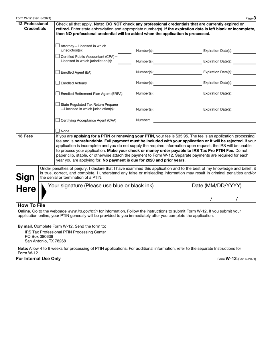 IRS Form W-12 IRS Paid Preparer Tax Identification Number (Ptin) Application and Renewal, Page 3