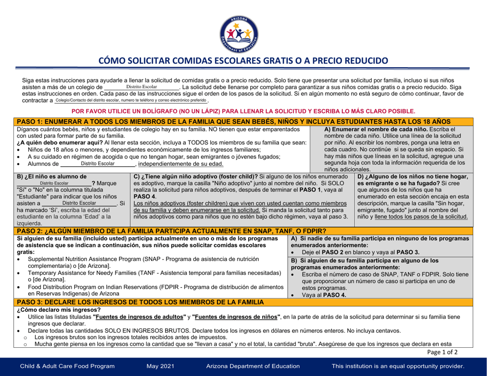Instructions for Child and Adult Care Food Program Meal Benefit Income Eligibility Application - Arizona (English / Spanish), Page 3