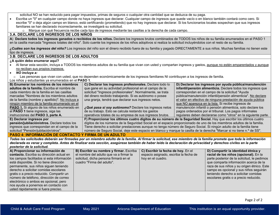 Instructions for Child and Adult Care Food Program Meal Benefit Income Eligibility Application - Arizona (English / Spanish), Page 4