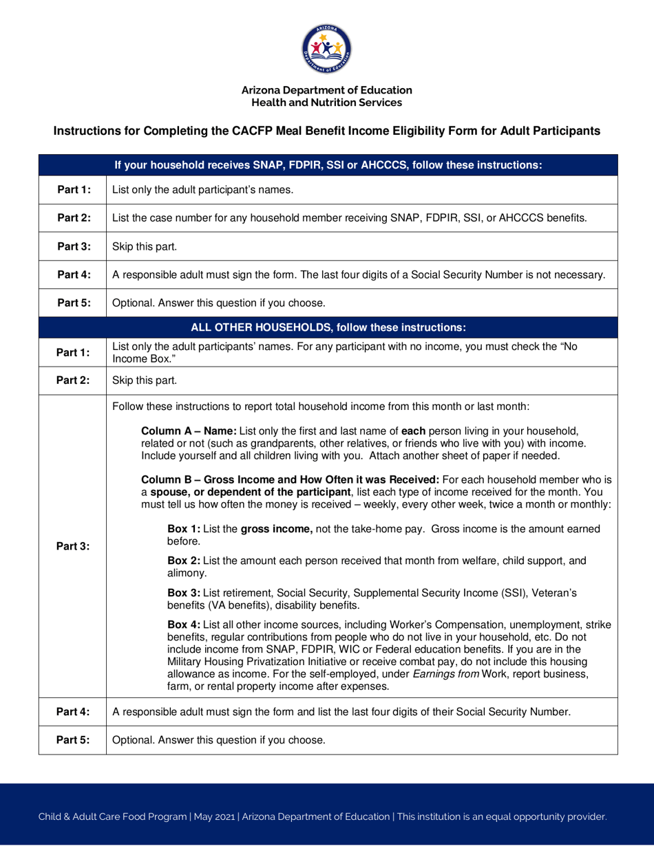 Instructions for CACFP Meal Benefit Income Eligibility Form for Adult Participants - Arizona (English / Spanish), Page 1