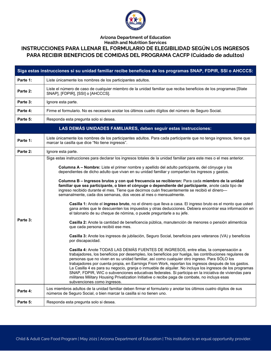 Download Instructions for CACFP Meal Benefit Eligibility Form