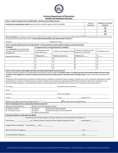 Meal Benefit Income Eligibility Form - Adult Care Center - Arizona (Spanish) Download Pdf