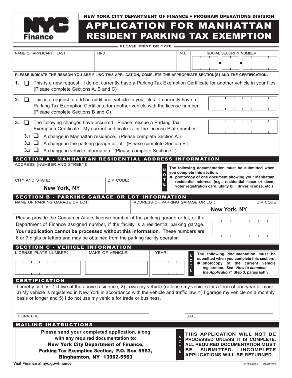 Form PTEA1099 Application for Manhattan Resident Parking Tax Exemption - New York City, Page 1