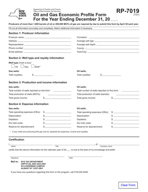 Form RP-7019 Oil and Gas Economic Profile Form - New York