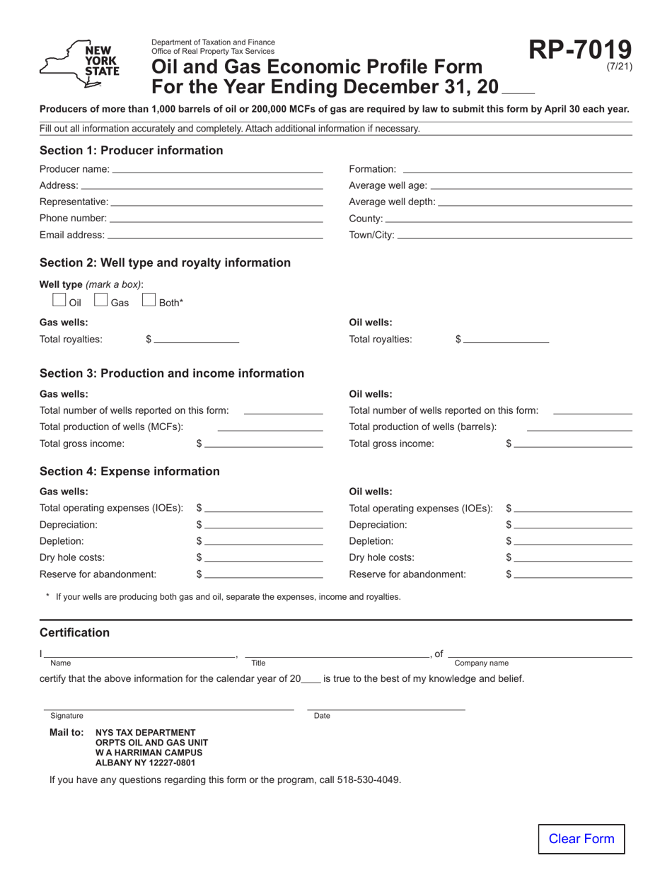 Form RP-7019 Oil and Gas Economic Profile Form - New York, Page 1
