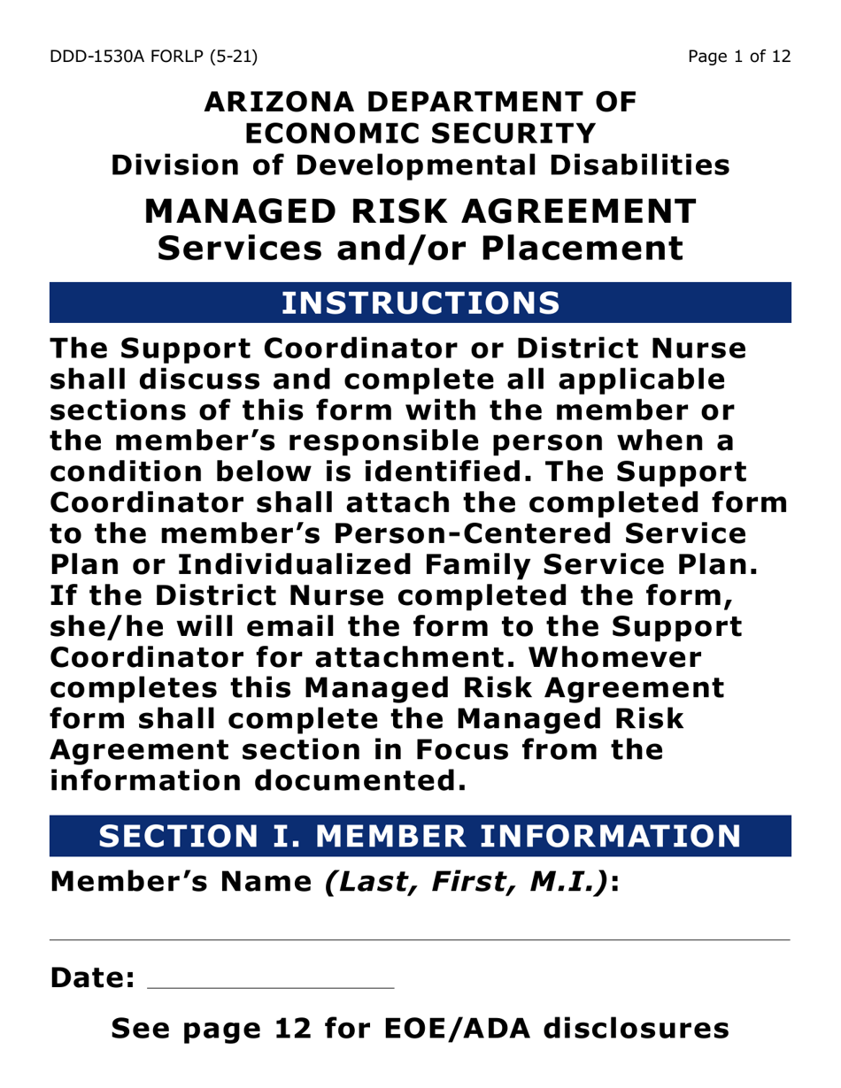 Form DDD-1530A-LP Download Fillable PDF or Fill Online Managed Risk  Agreement Services and/or Placement - Large Print Arizona | Templateroller