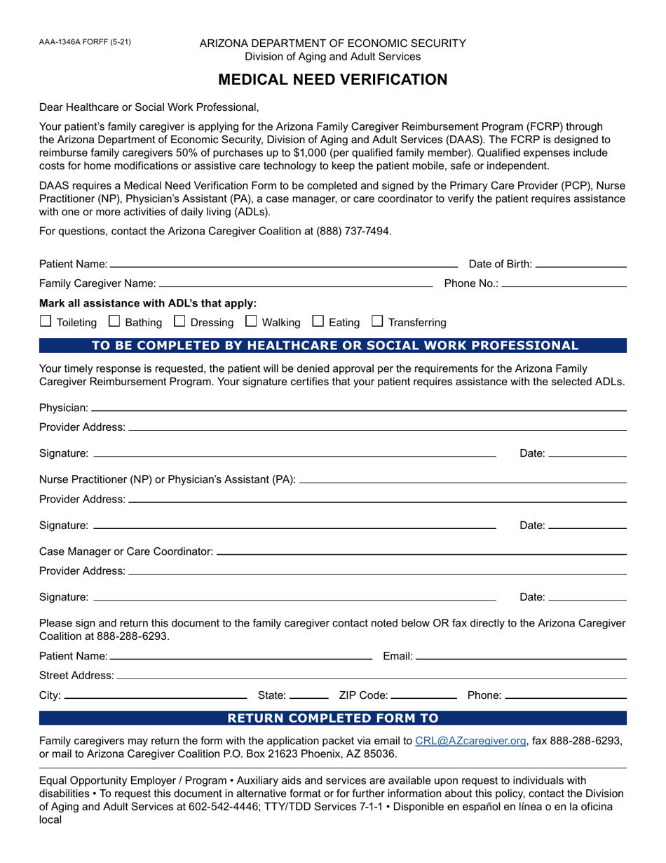 Form AAA-1346A Medical Need Verification - Arizona, Page 1
