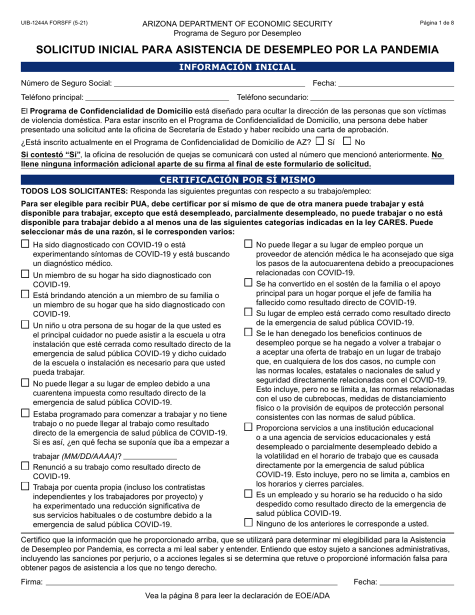 Formulario UIB-1244A-S Solicitud Inicial Para Asistencia De Desempleo Por La Pandemia - Arizona (Spanish), Page 1