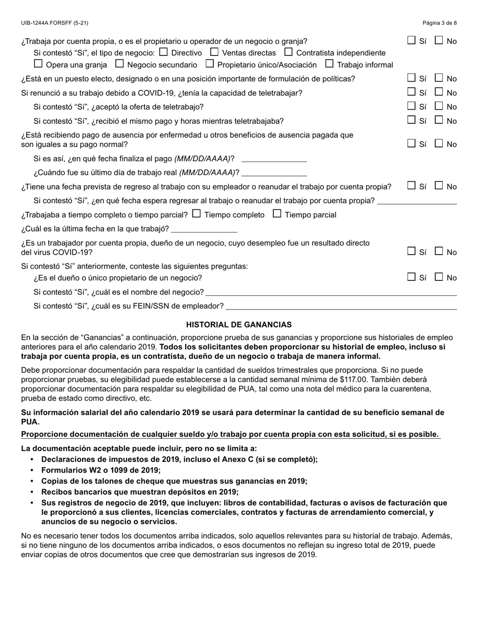 Formulario UIB-1244A-S Solicitud Inicial Para Asistencia De Desempleo Por La Pandemia - Arizona (Spanish), Page 3