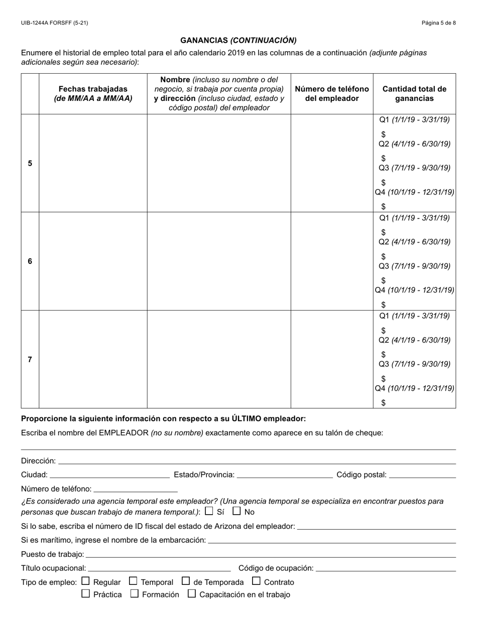 Formulario UIB-1244A-S Solicitud Inicial Para Asistencia De Desempleo Por La Pandemia - Arizona (Spanish), Page 5