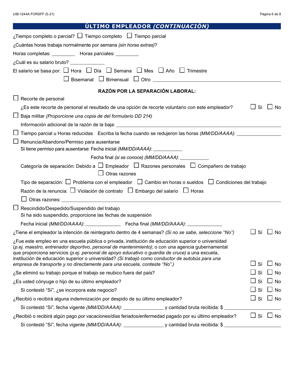 Formulario UIB-1244A-S Solicitud Inicial Para Asistencia De Desempleo Por La Pandemia - Arizona (Spanish), Page 6