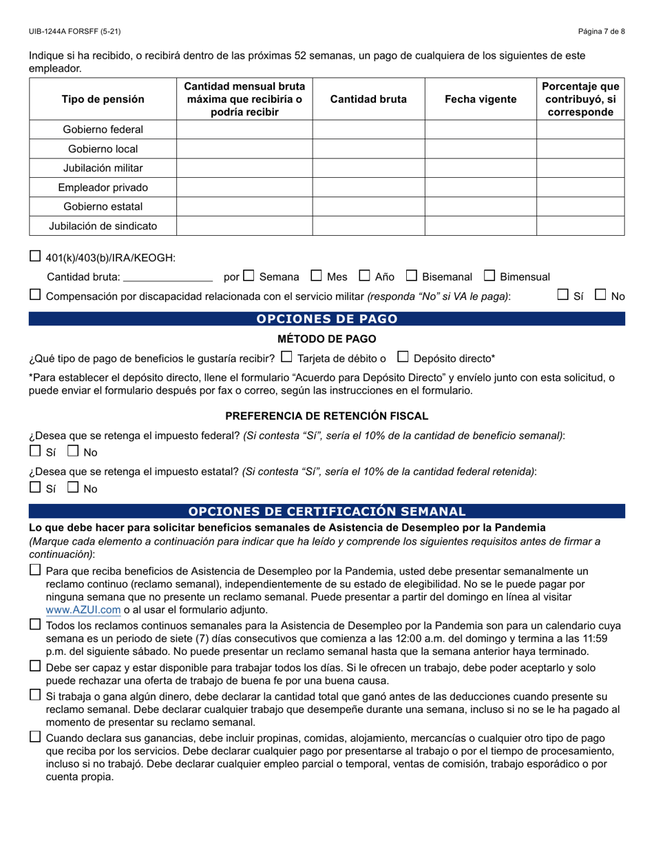 Formulario UIB-1244A-S Solicitud Inicial Para Asistencia De Desempleo Por La Pandemia - Arizona (Spanish), Page 7