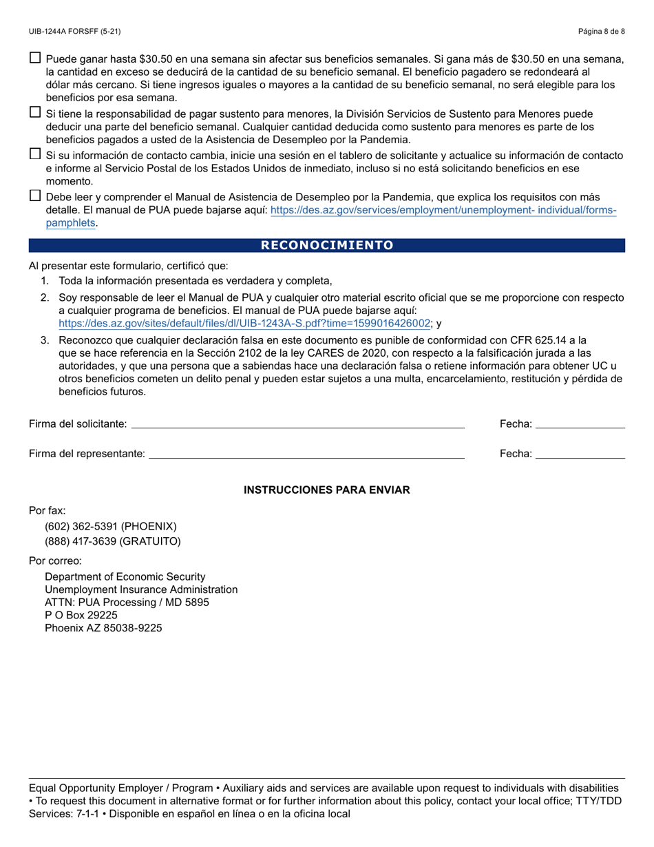 Formulario UIB-1244A-S Solicitud Inicial Para Asistencia De Desempleo Por La Pandemia - Arizona (Spanish), Page 8