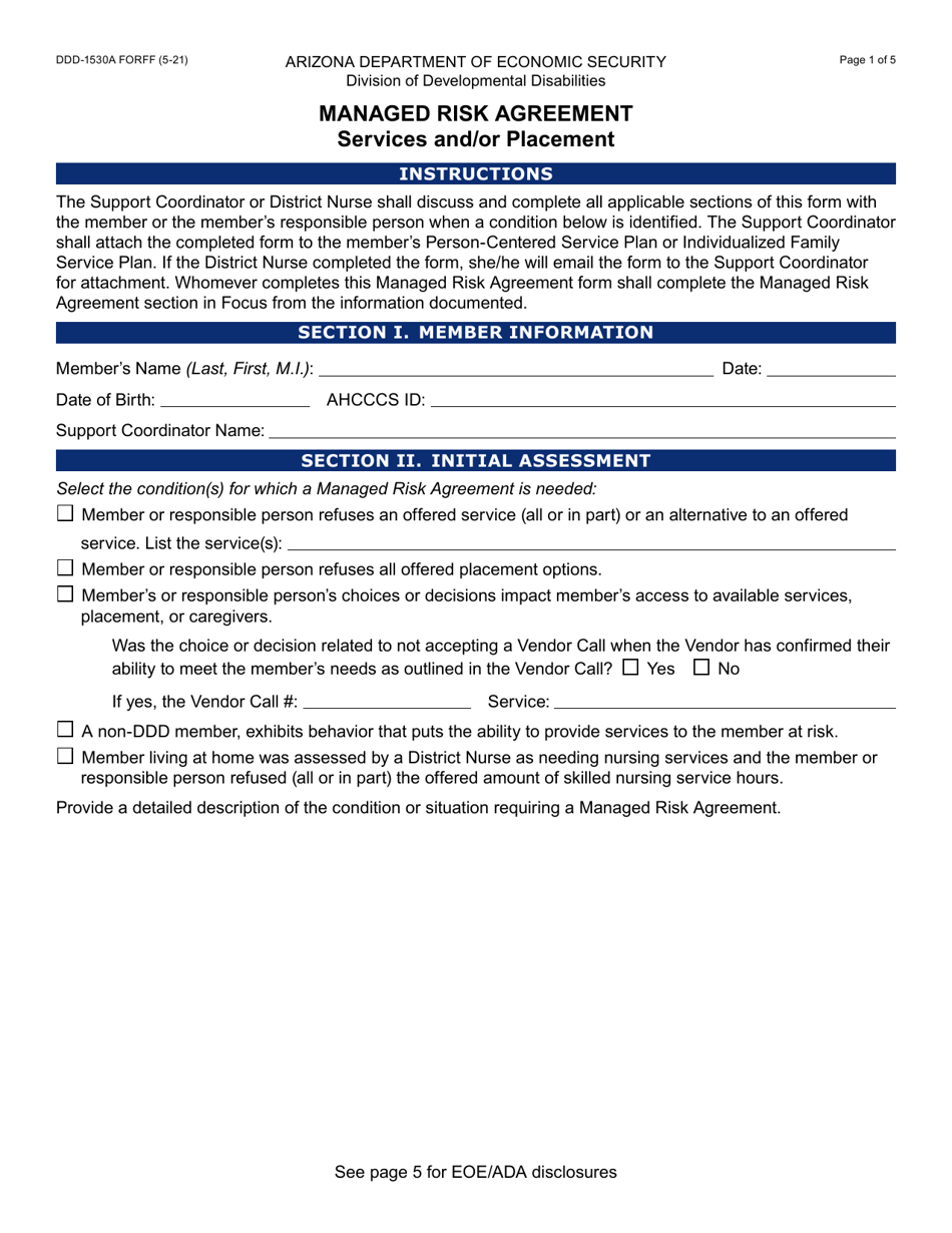 Form DDD-1530A Managed Risk Agreement Services and / or Placement - Arizona, Page 1