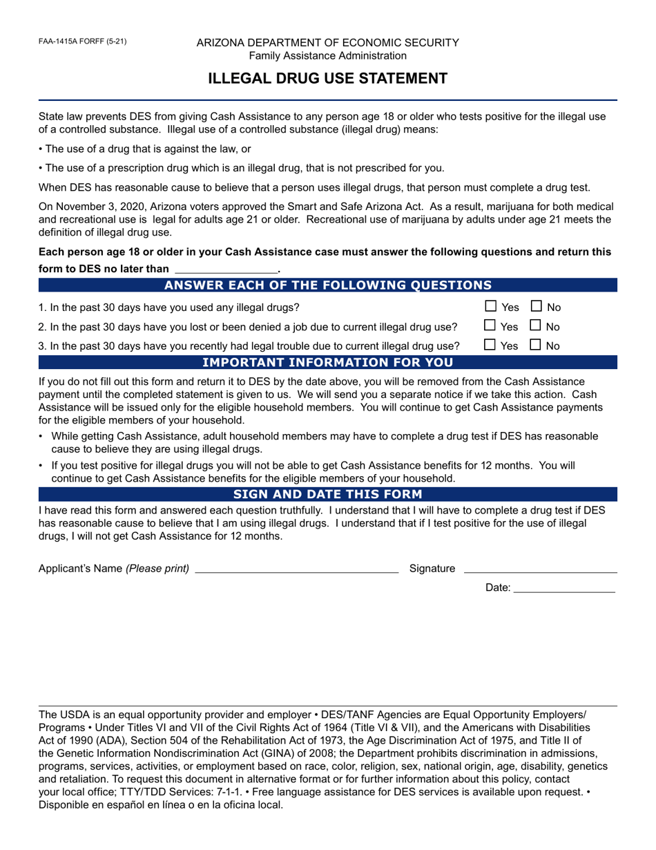 Form FAA-1415A Illegal Drug Use Statement - Arizona, Page 1