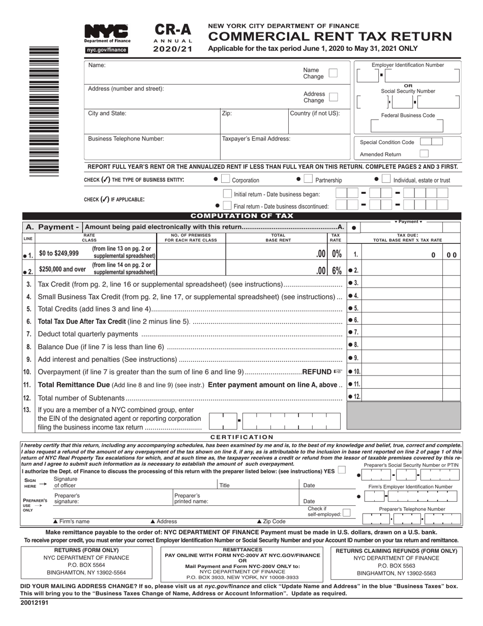 Form CRA Download Printable PDF or Fill Online Commercial Rent Tax