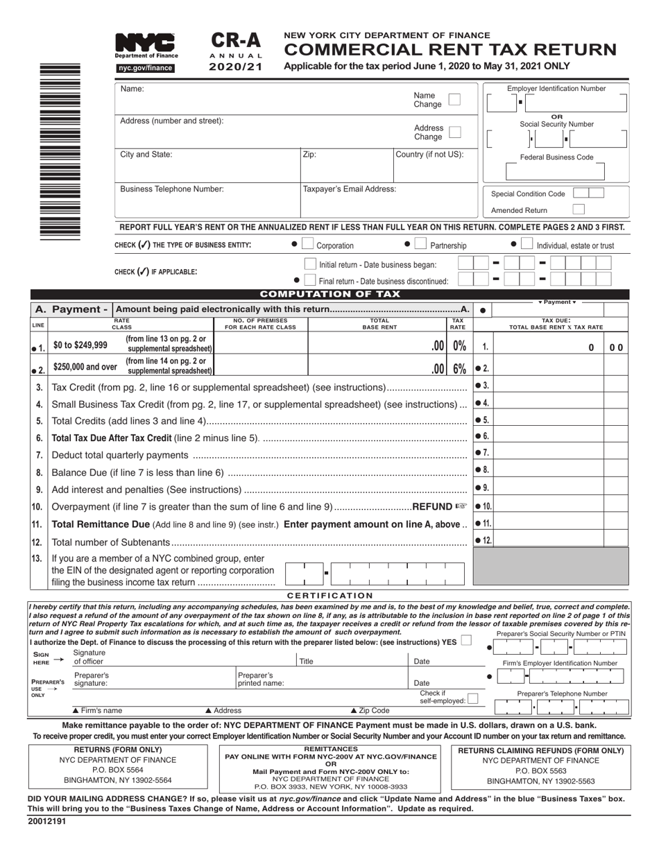 Form CR-A Commercial Rent Tax Return - New York City, Page 1