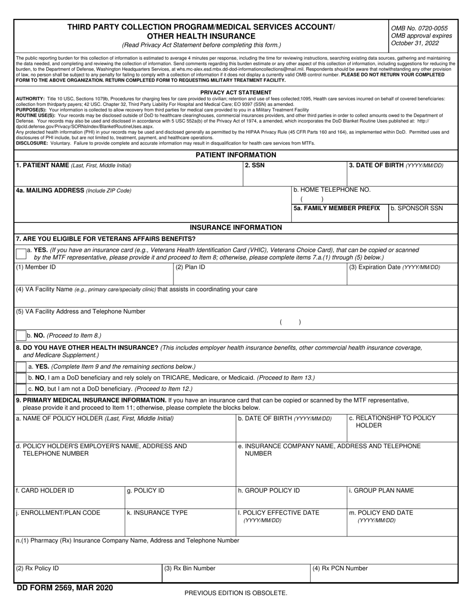 DD Form 2569 Third Party Collection Program / Medical Services Account / Other Health Insurance, Page 1