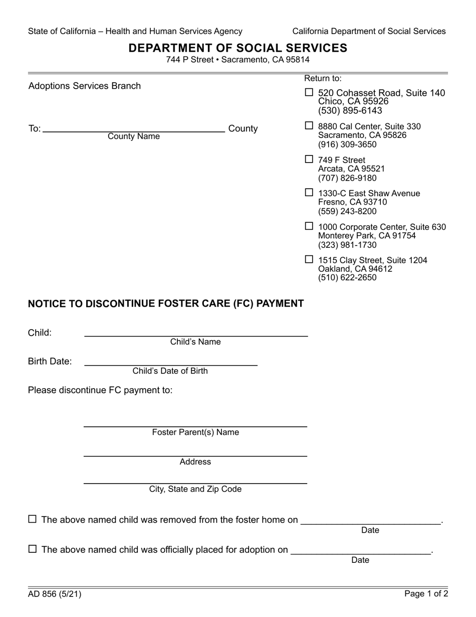 Form AD856 Notice to Discontinue Foster Care (FC) Payment - California, Page 1