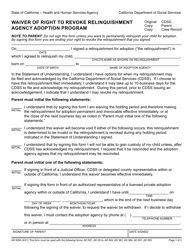 Document preview: Form AD929A Waiver of Right to Revoke Relinquishment Agency Adoption Program - California