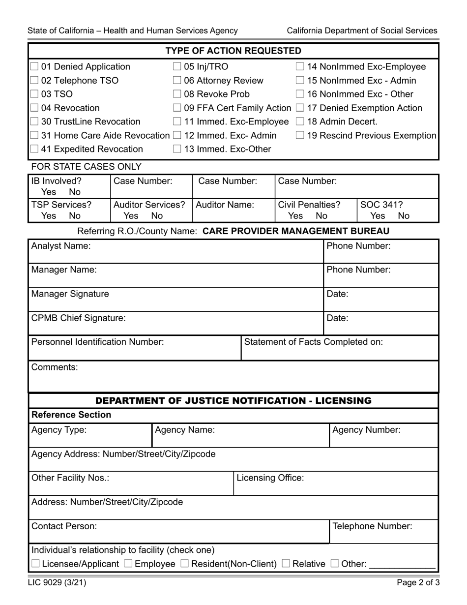 Form LIC9029CPMB Statement of Facts Summary Sheet - Care Provider Management Bureau (Cpmb) - California, Page 2