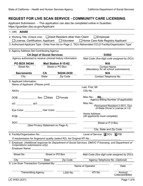 Form LIC9163  Printable Pdf