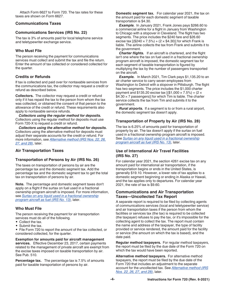 Instructions for IRS Form 720 Quarterly Federal Excise Tax Return, Page 4