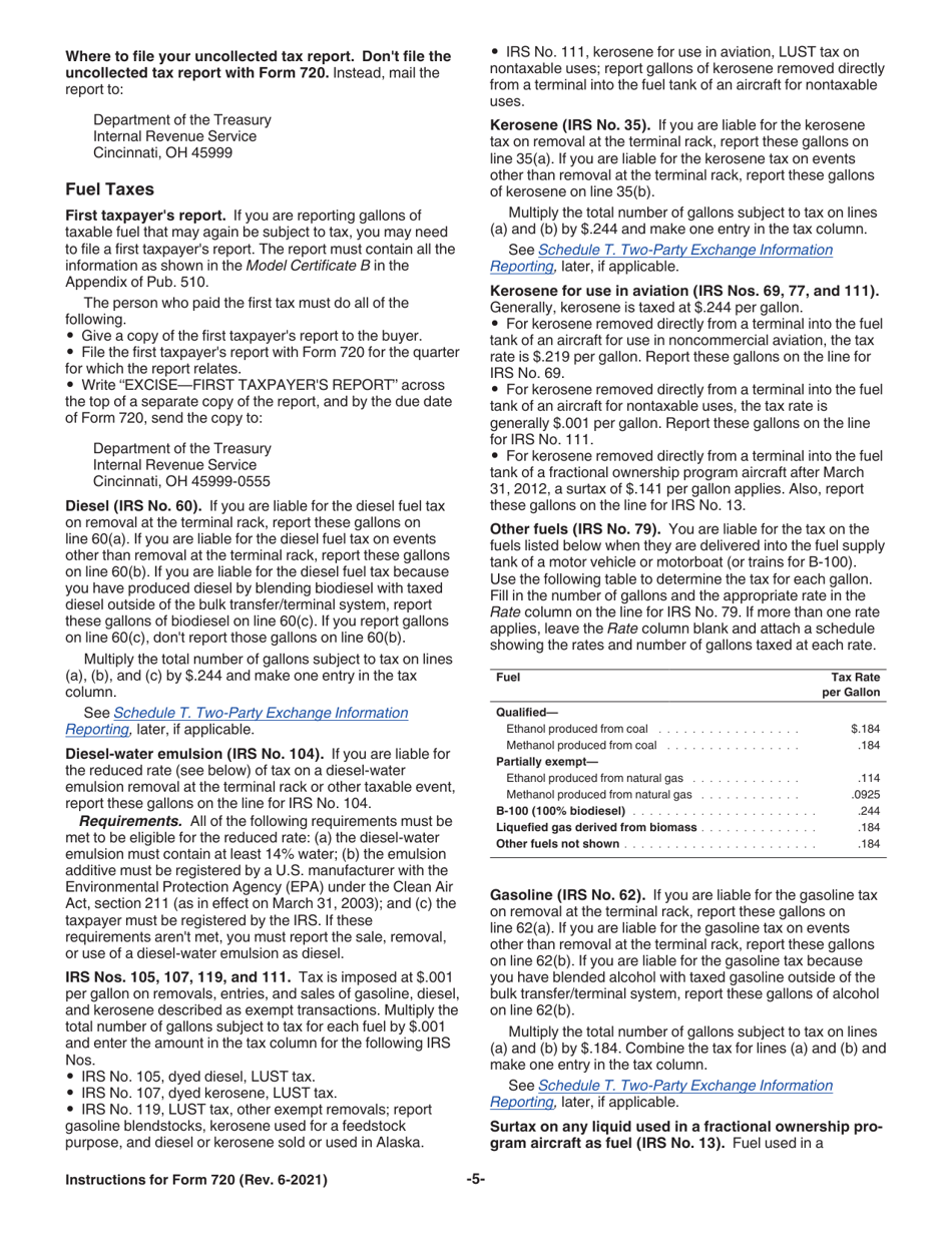 Instructions for IRS Form 720 Quarterly Federal Excise Tax Return, Page 5