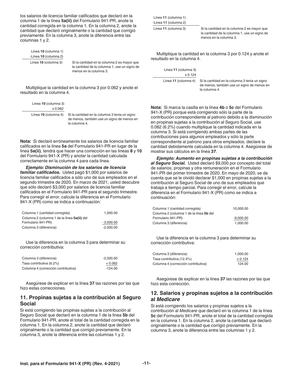Instrucciones para IRS Formulario 941-X (PR) Ajuste a La Declaracion Federal Trimestral Del Patrono O Reclamacion De Reembolso (Puerto Rican Spanish), Page 11