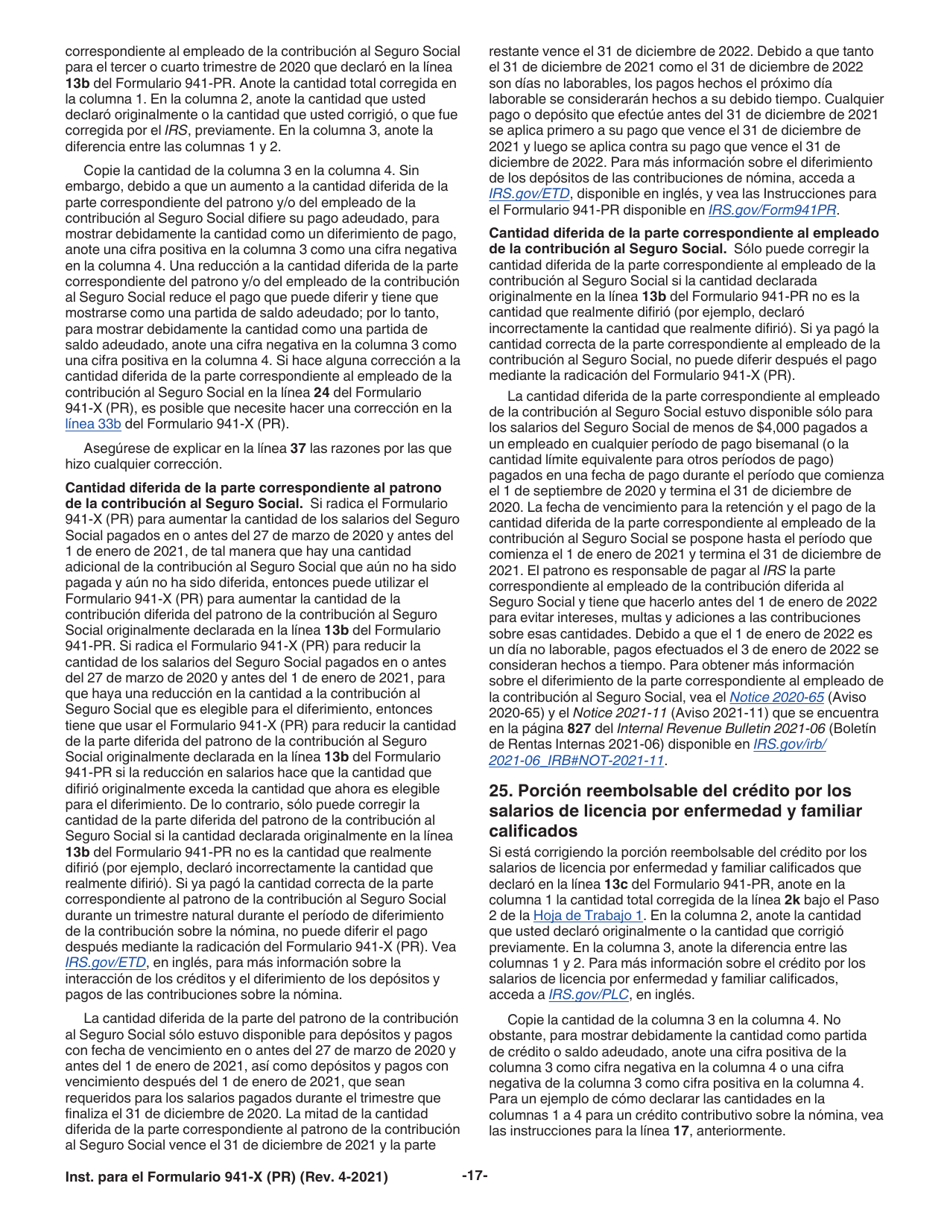Instrucciones para IRS Formulario 941-X (PR) Ajuste a La Declaracion Federal Trimestral Del Patrono O Reclamacion De Reembolso (Puerto Rican Spanish), Page 17