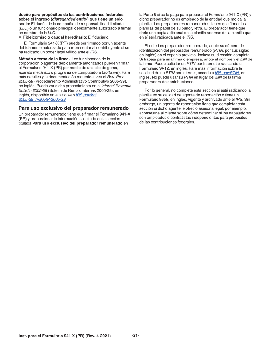 Instrucciones para IRS Formulario 941-X (PR) Ajuste a La Declaracion Federal Trimestral Del Patrono O Reclamacion De Reembolso (Puerto Rican Spanish), Page 21