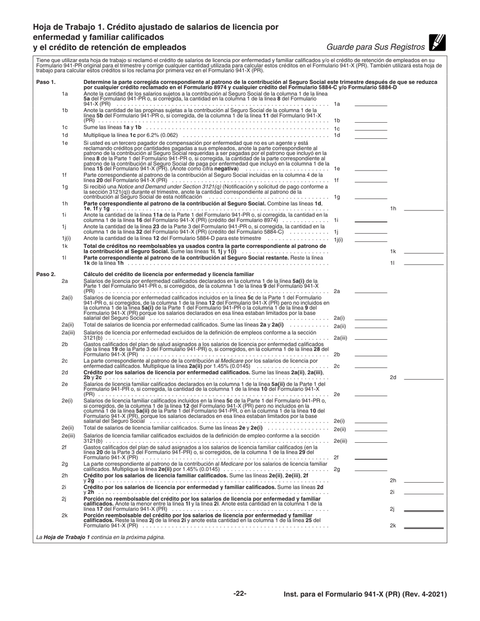Instrucciones para IRS Formulario 941-X (PR) Ajuste a La Declaracion Federal Trimestral Del Patrono O Reclamacion De Reembolso (Puerto Rican Spanish), Page 22