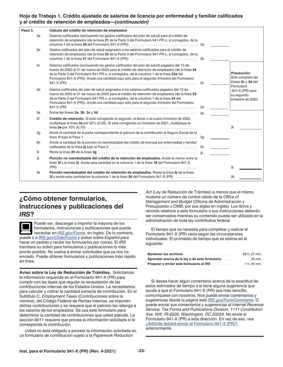 Instrucciones para IRS Formulario 941-X (PR) Ajuste a La Declaracion Federal Trimestral Del Patrono O Reclamacion De Reembolso (Puerto Rican Spanish), Page 23