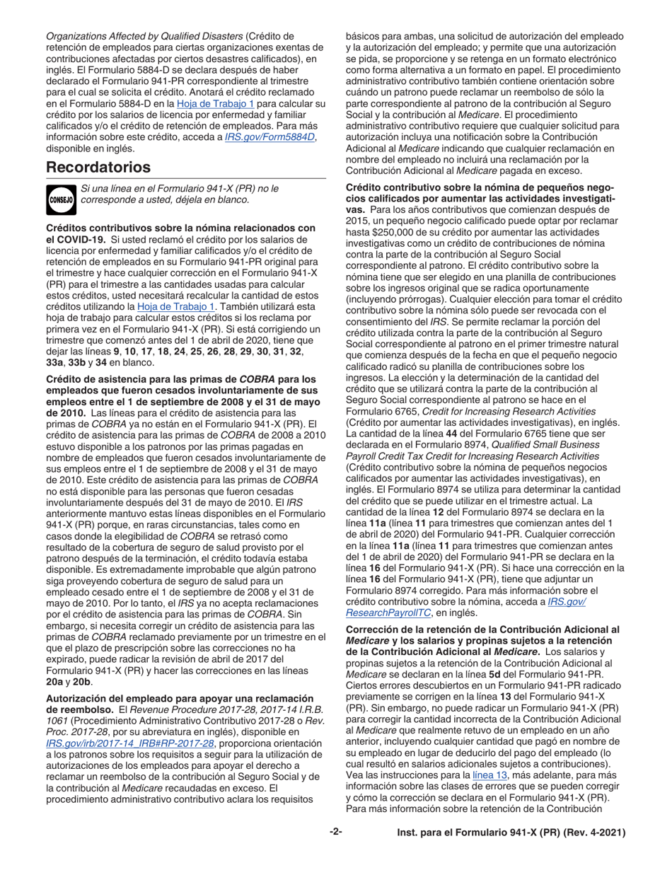Instrucciones para IRS Formulario 941-X (PR) Ajuste a La Declaracion Federal Trimestral Del Patrono O Reclamacion De Reembolso (Puerto Rican Spanish), Page 2
