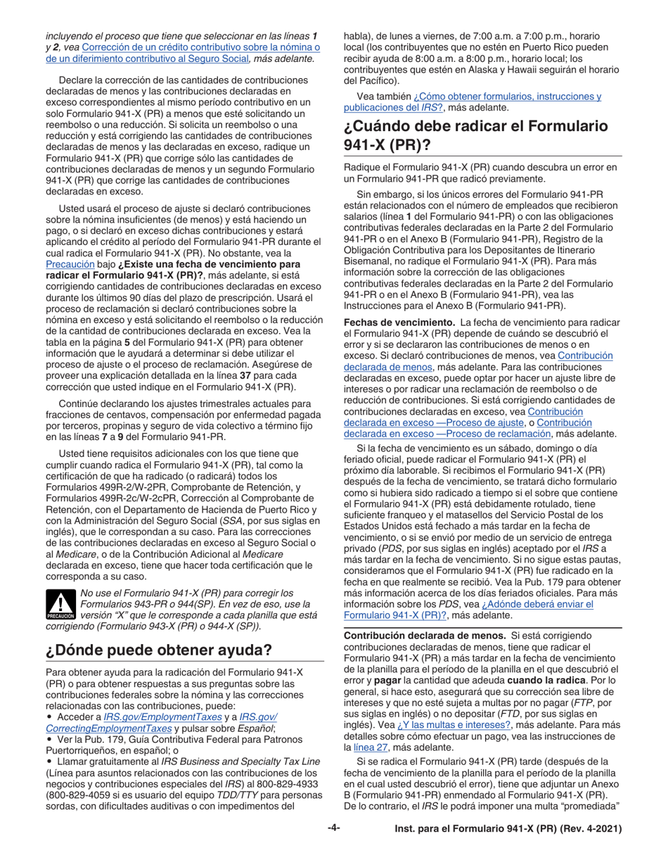 Instrucciones para IRS Formulario 941-X (PR) Ajuste a La Declaracion Federal Trimestral Del Patrono O Reclamacion De Reembolso (Puerto Rican Spanish), Page 4