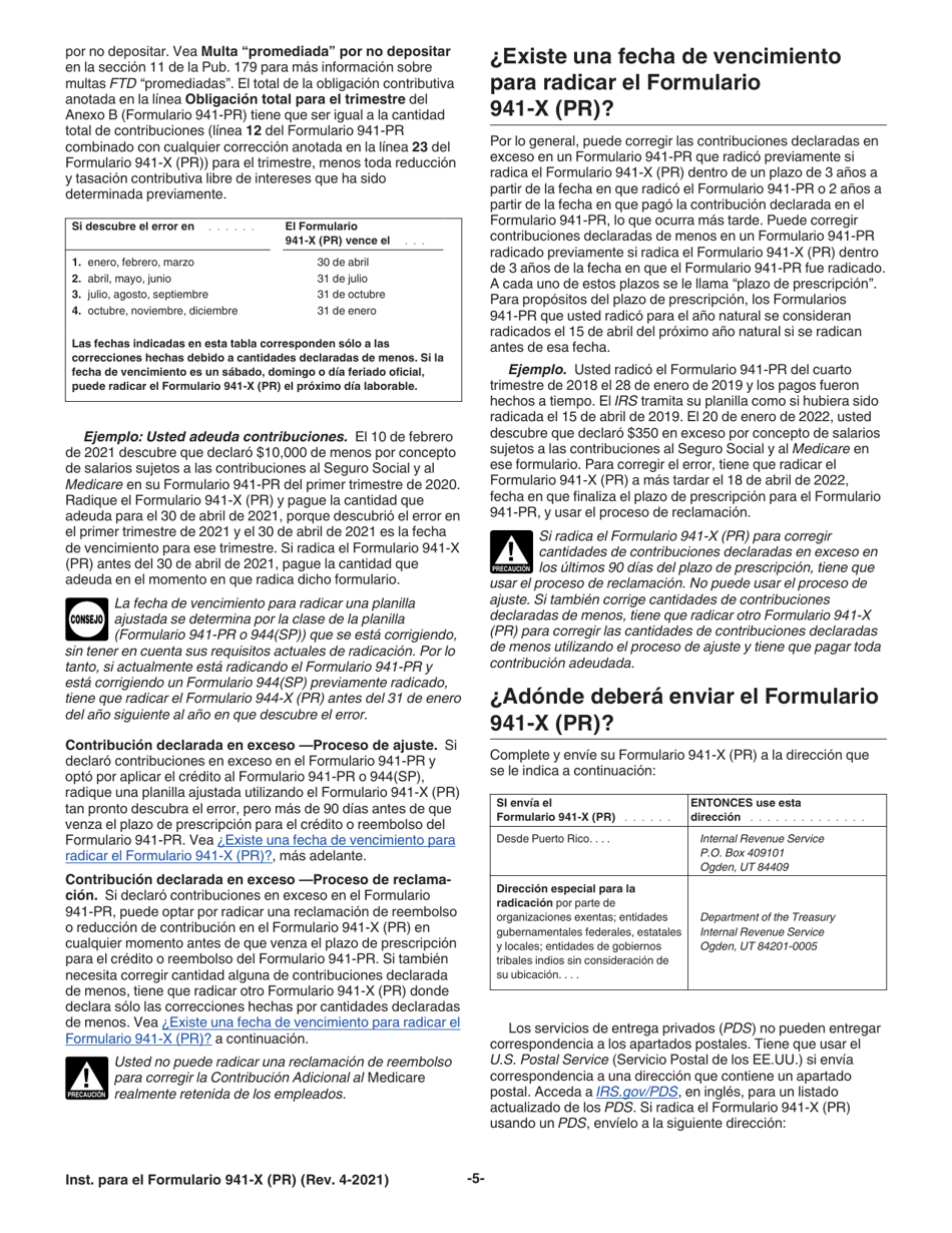 Instrucciones para IRS Formulario 941-X (PR) Ajuste a La Declaracion Federal Trimestral Del Patrono O Reclamacion De Reembolso (Puerto Rican Spanish), Page 5