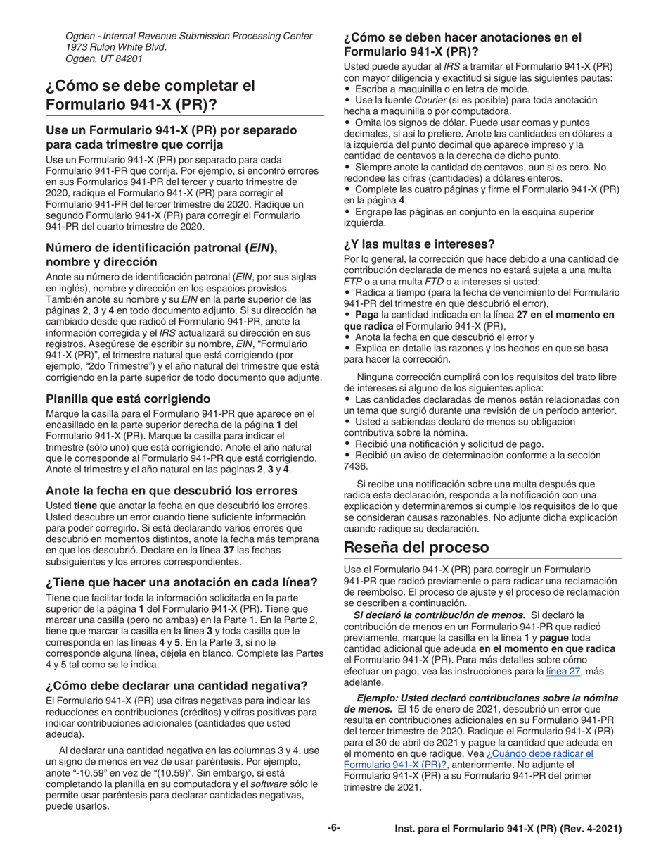 Instrucciones para IRS Formulario 941-X (PR) Ajuste a La Declaracion Federal Trimestral Del Patrono O Reclamacion De Reembolso (Puerto Rican Spanish), Page 6