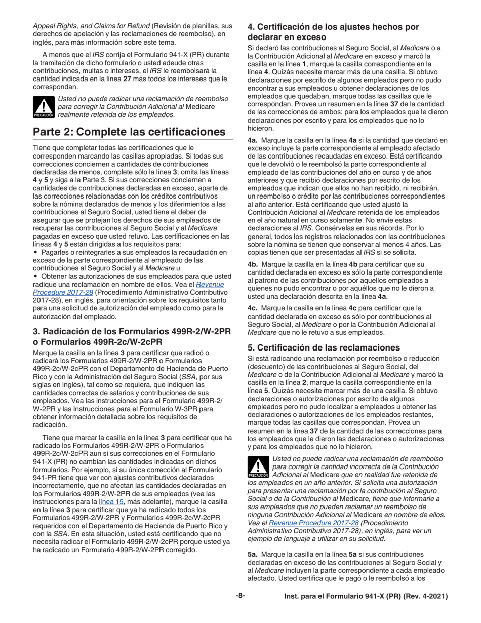 Instrucciones para IRS Formulario 941-X (PR) Ajuste a La Declaracion Federal Trimestral Del Patrono O Reclamacion De Reembolso (Puerto Rican Spanish), Page 8
