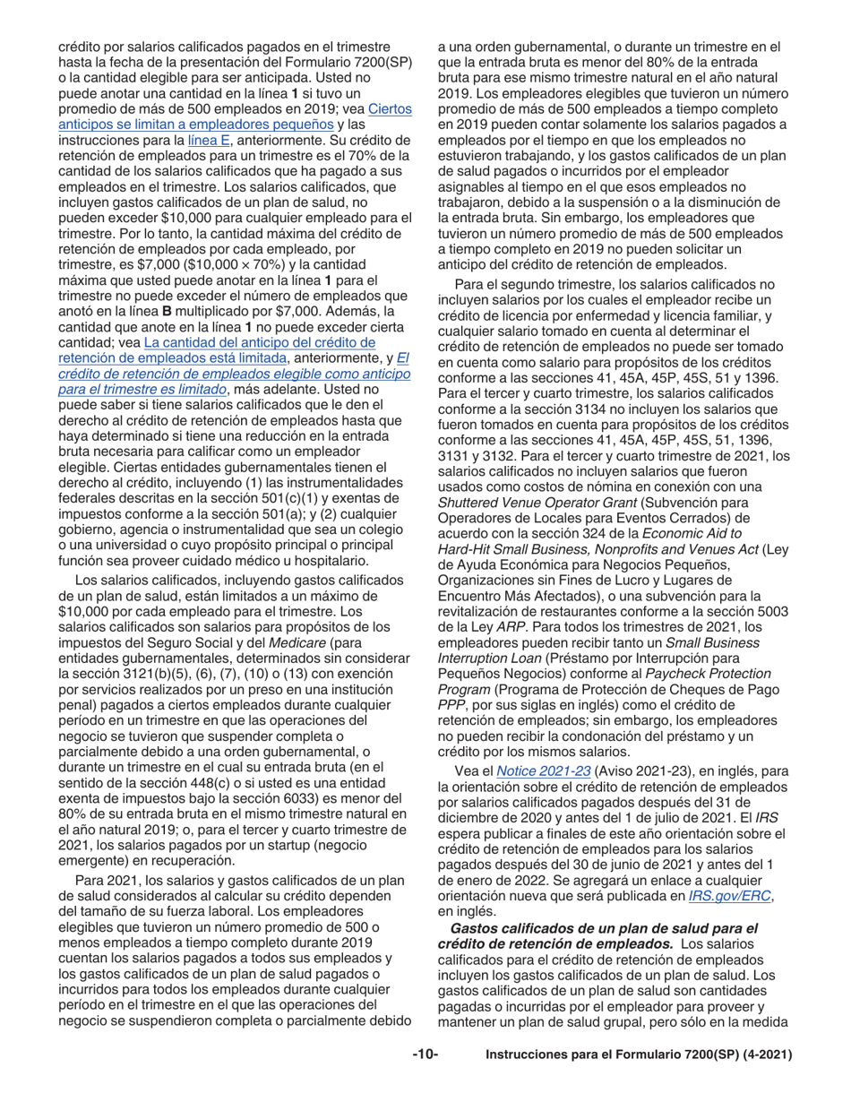 Instrucciones para IRS Formulario 7200(SP) Anticipo De Pago De Creditos Del Empleador Debido Al Covid-19 (Spanish), Page 10