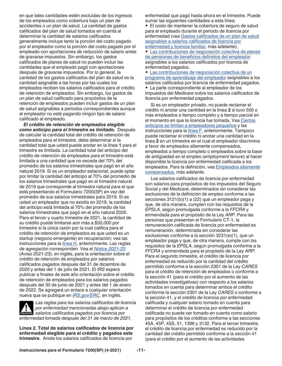 Instrucciones para IRS Formulario 7200(SP) Anticipo De Pago De Creditos Del Empleador Debido Al Covid-19 (Spanish), Page 11