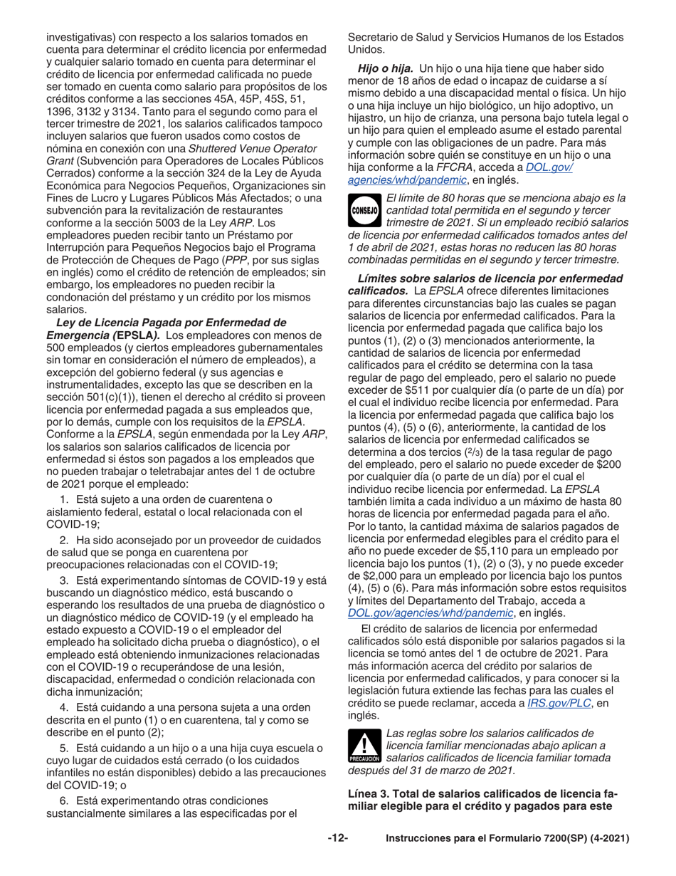 Instrucciones para IRS Formulario 7200(SP) Anticipo De Pago De Creditos Del Empleador Debido Al Covid-19 (Spanish), Page 12