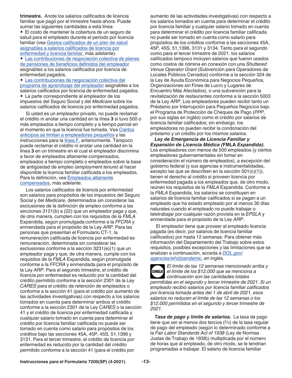 Instrucciones para IRS Formulario 7200(SP) Anticipo De Pago De Creditos Del Empleador Debido Al Covid-19 (Spanish), Page 13
