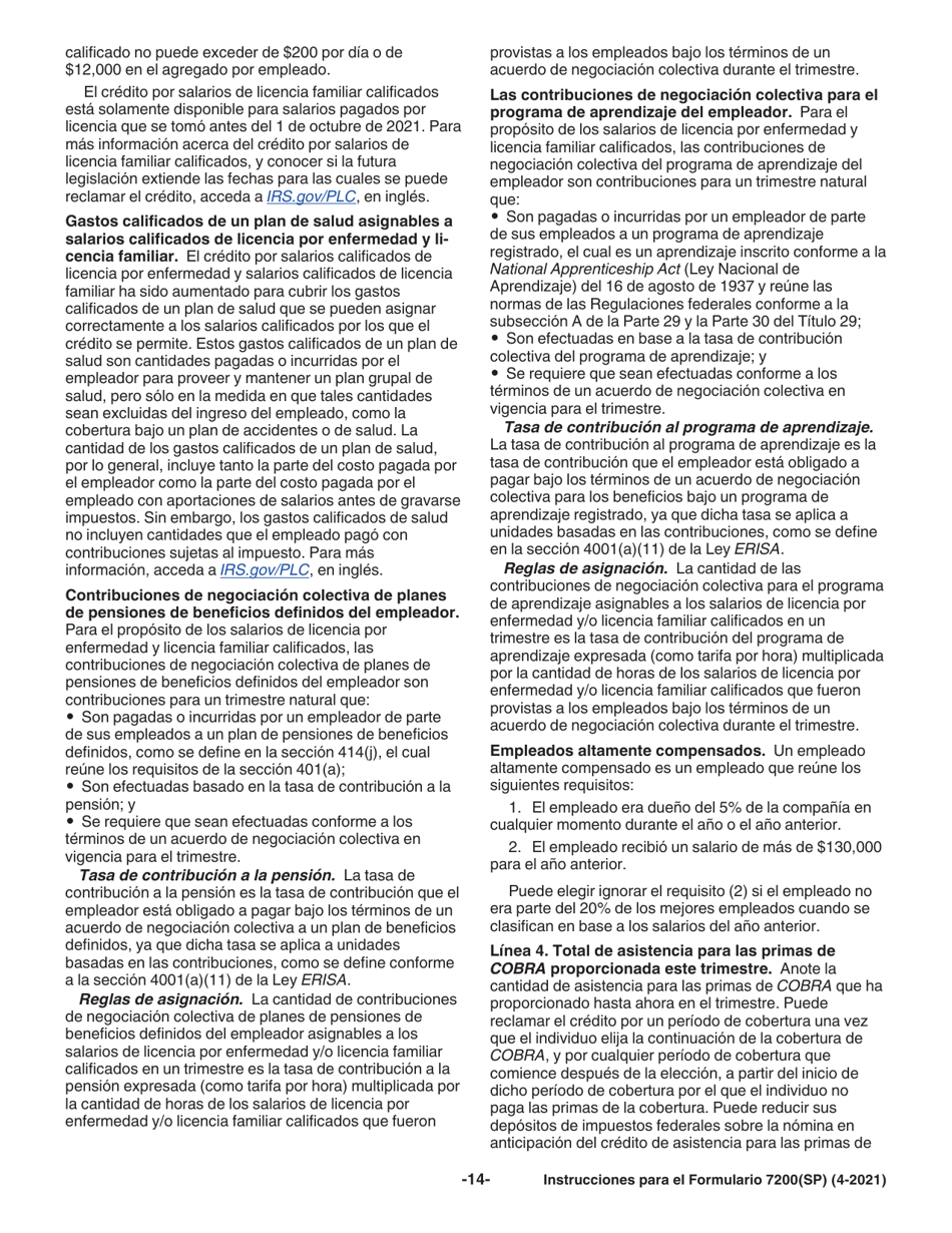 Instrucciones para IRS Formulario 7200(SP) Anticipo De Pago De Creditos Del Empleador Debido Al Covid-19 (Spanish), Page 14