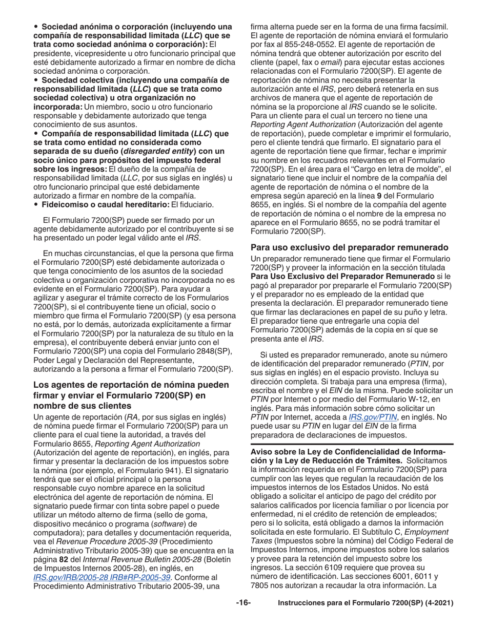 Instrucciones para IRS Formulario 7200(SP) Anticipo De Pago De Creditos Del Empleador Debido Al Covid-19 (Spanish), Page 16
