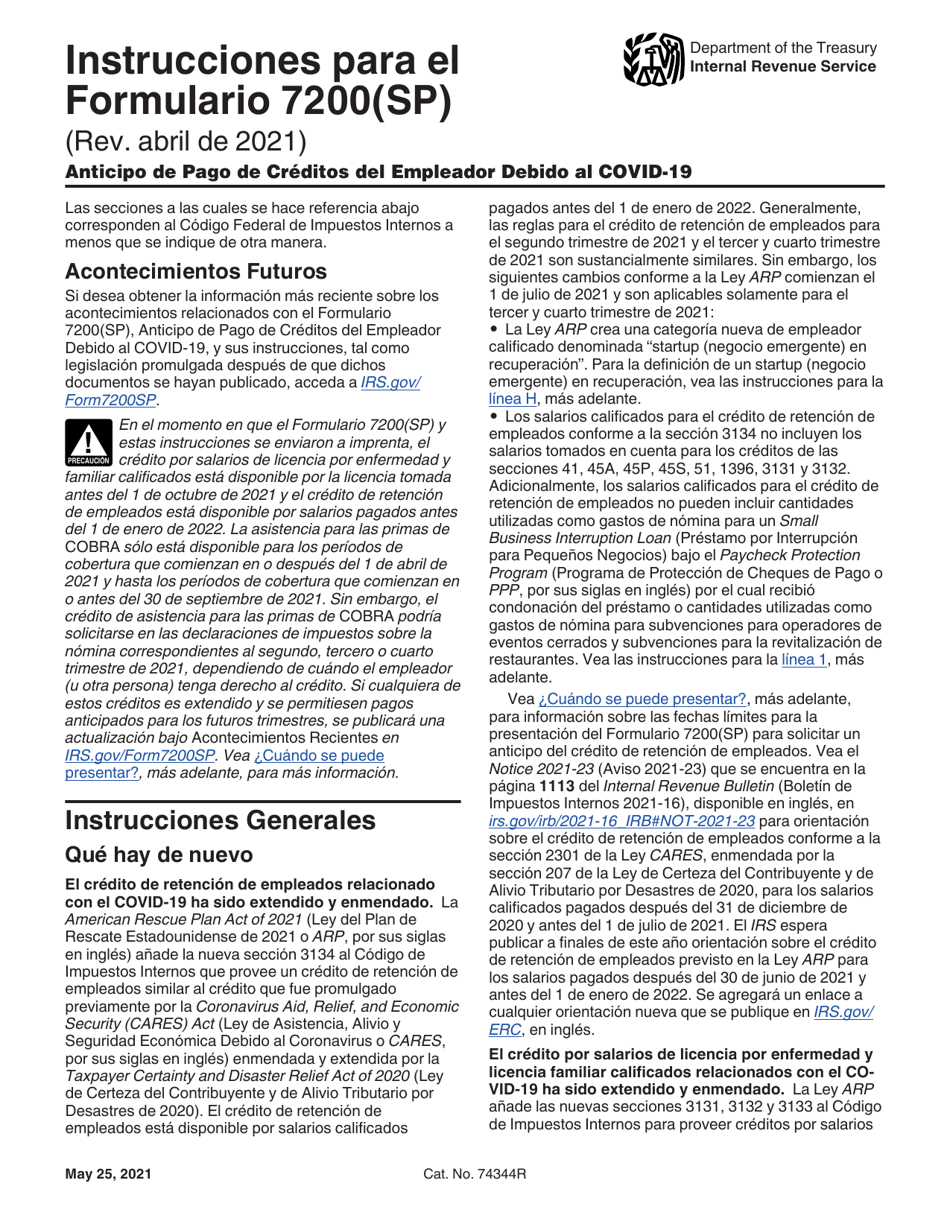 Instrucciones para IRS Formulario 7200(SP) Anticipo De Pago De Creditos Del Empleador Debido Al Covid-19 (Spanish), Page 1