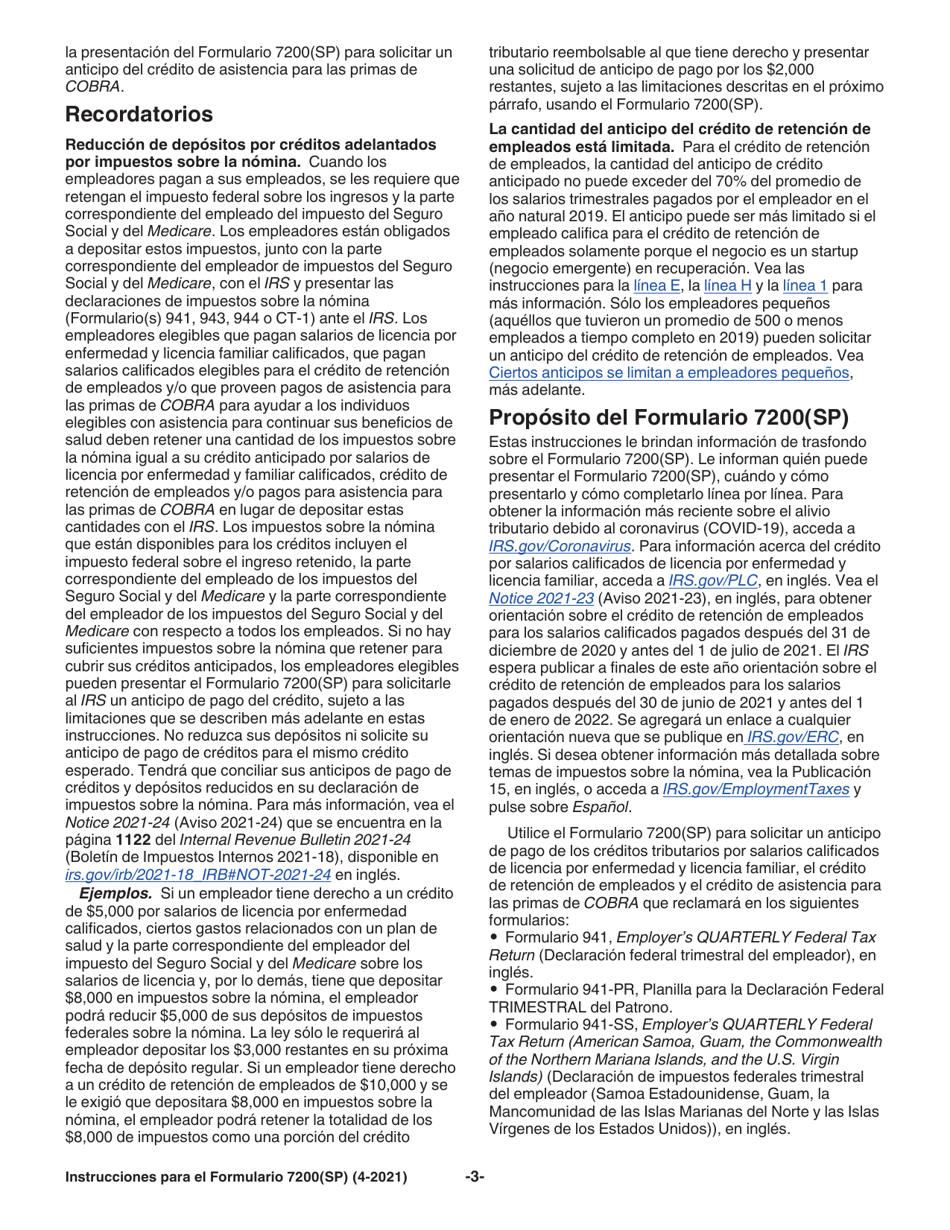 Instrucciones para IRS Formulario 7200(SP) Anticipo De Pago De Creditos Del Empleador Debido Al Covid-19 (Spanish), Page 3