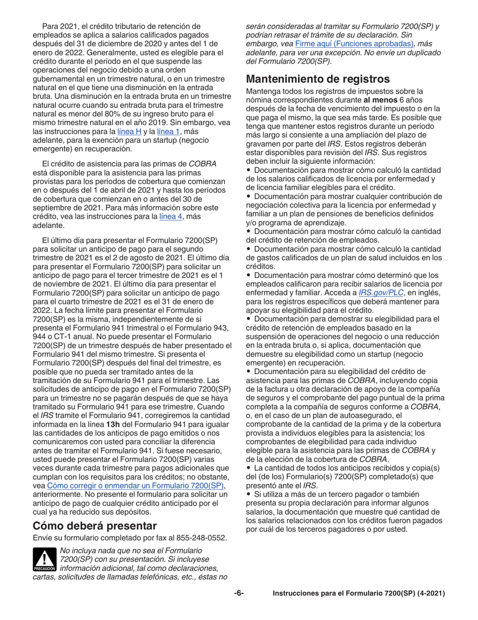 Instrucciones para IRS Formulario 7200(SP) Anticipo De Pago De Creditos Del Empleador Debido Al Covid-19 (Spanish), Page 6