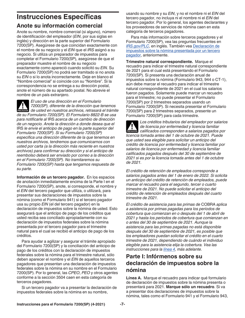 Instrucciones para IRS Formulario 7200(SP) Anticipo De Pago De Creditos Del Empleador Debido Al Covid-19 (Spanish), Page 7
